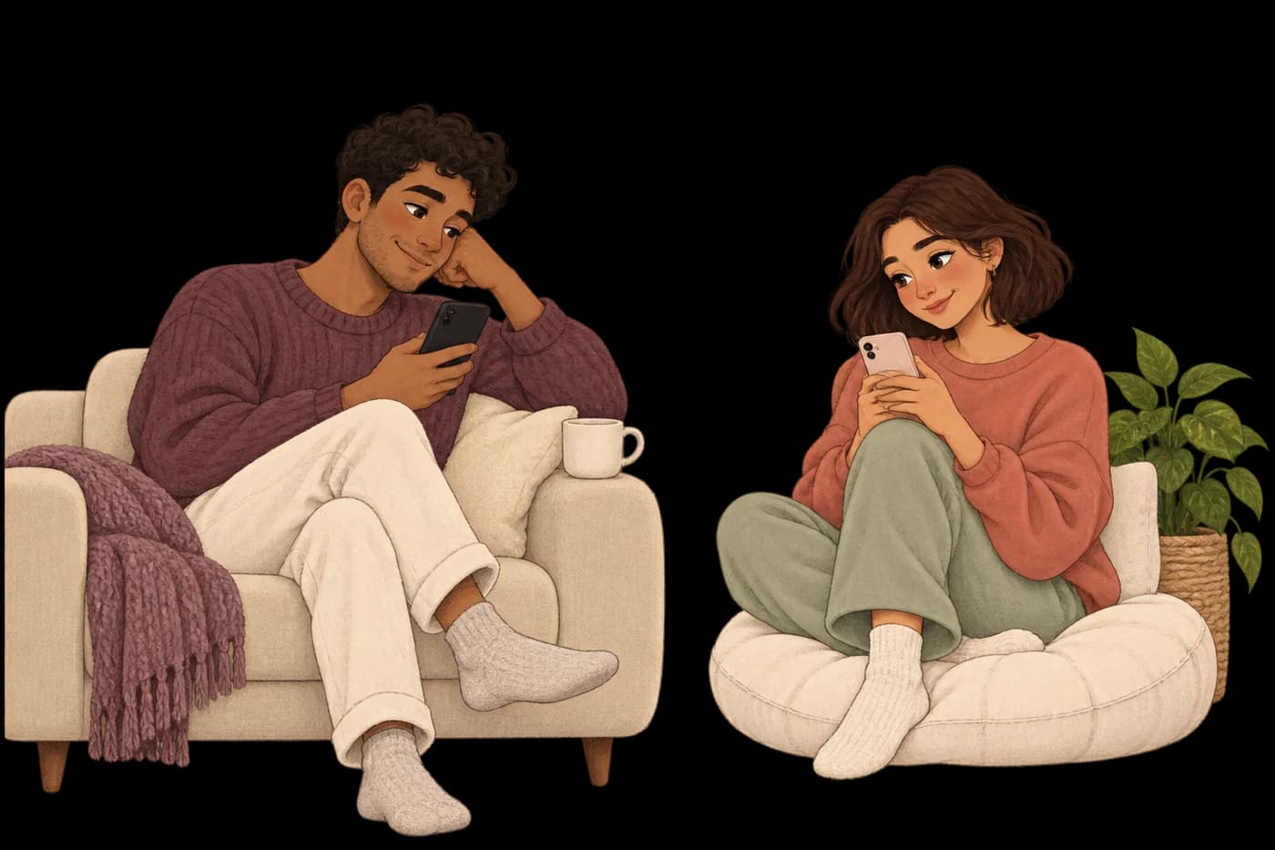 Original illustration of two partners sharing little moments from their separate homes