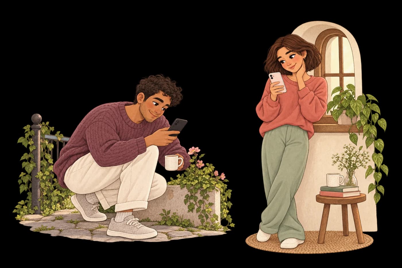 Original illustrated couple sharing a photograph from a walk