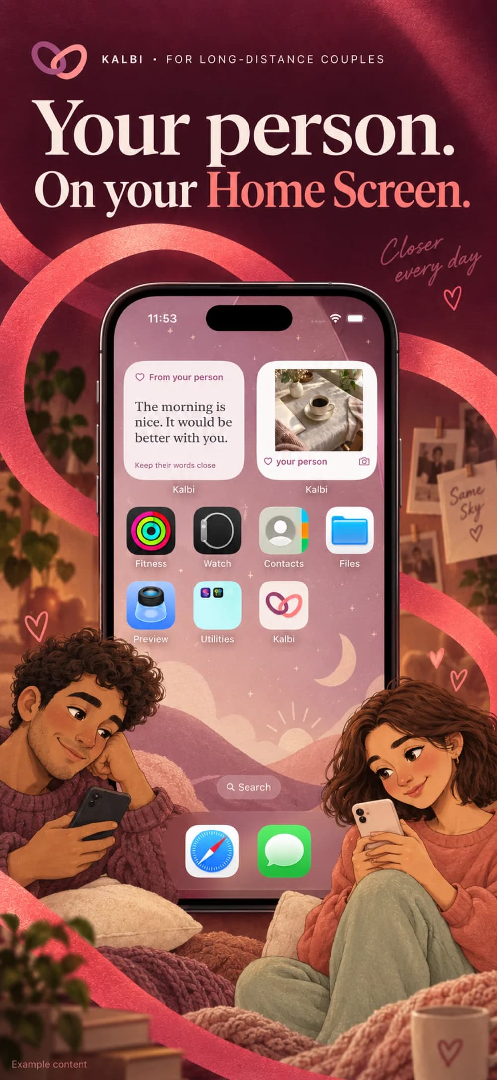 Kalbi preview artwork with original illustrated partners and captured photo and note widgets displaying example content